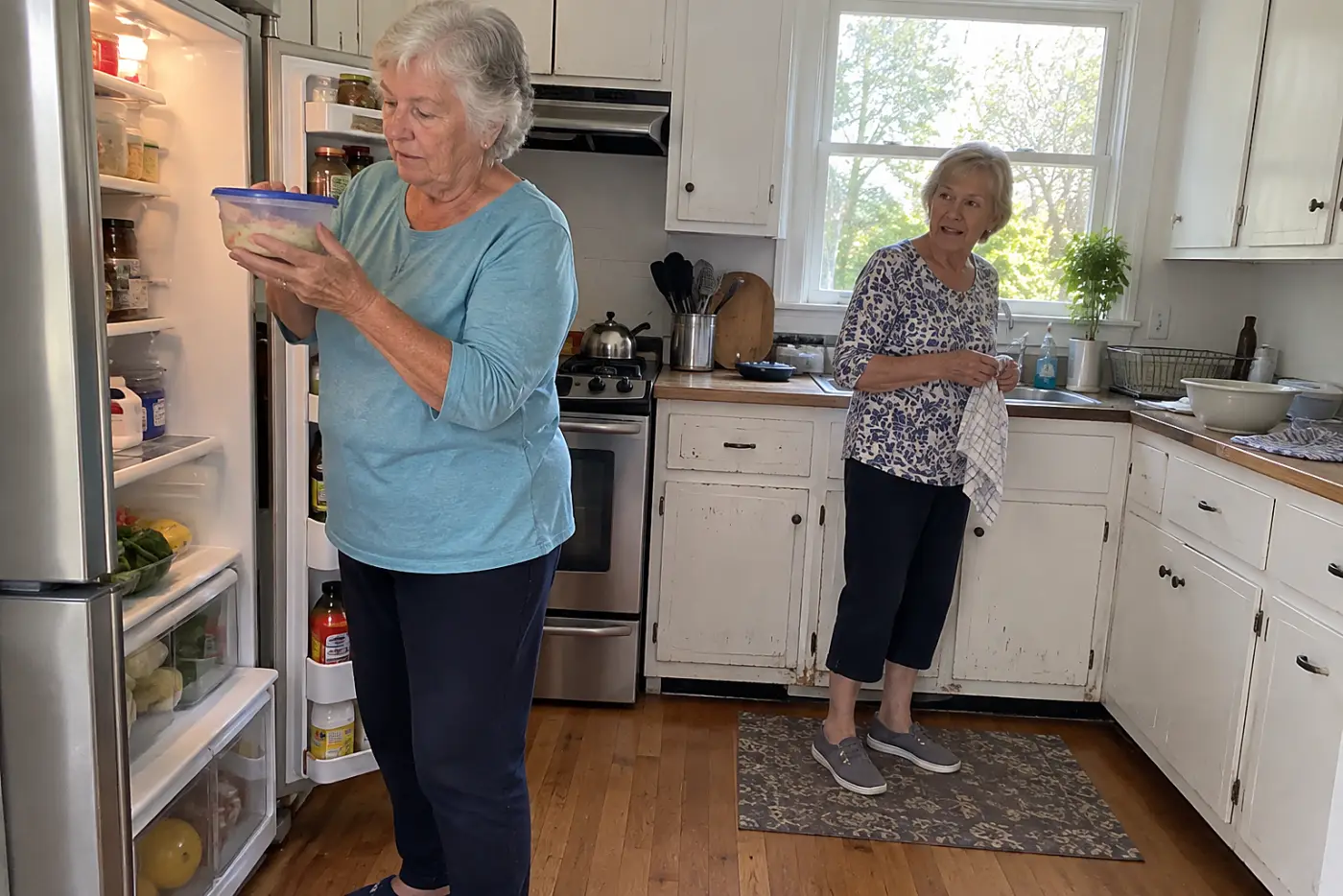 Older woman reading a food container label in front of her open refrigerator.