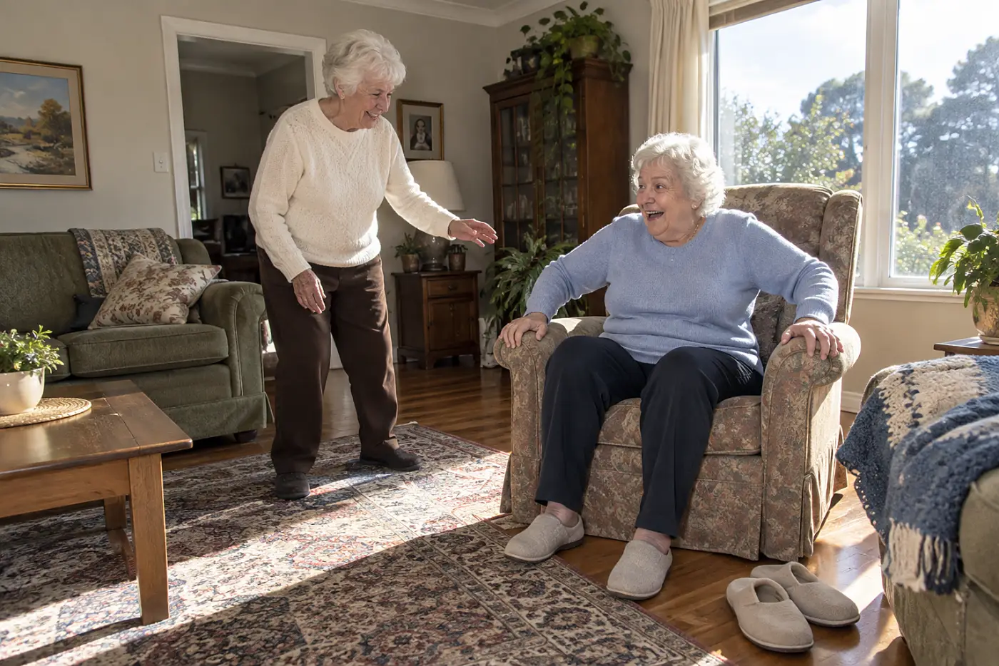 Older woman testing an armchair's armrests before standing in her living room.