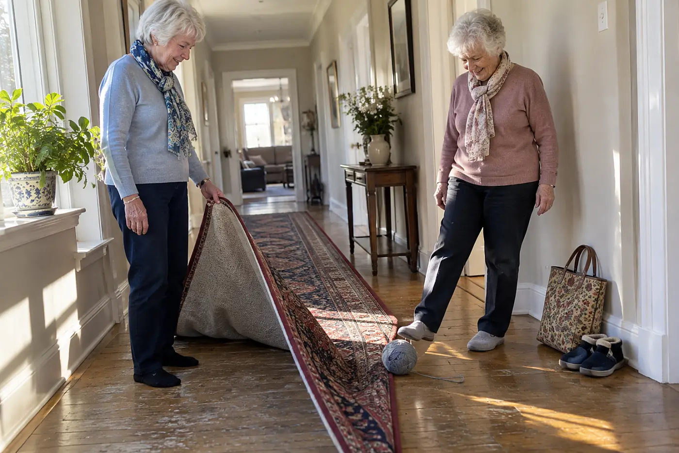 Older woman lifting a hallway runner to inspect its backing.
