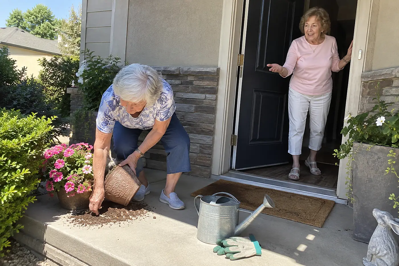 Older woman lifting a spare key from beneath a flowerpot by her door.