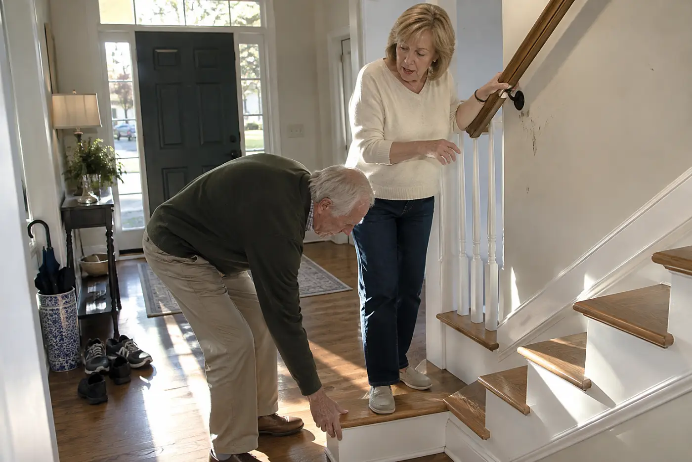 Older woman pressing a loose stair rail near its bracket in her hallway.