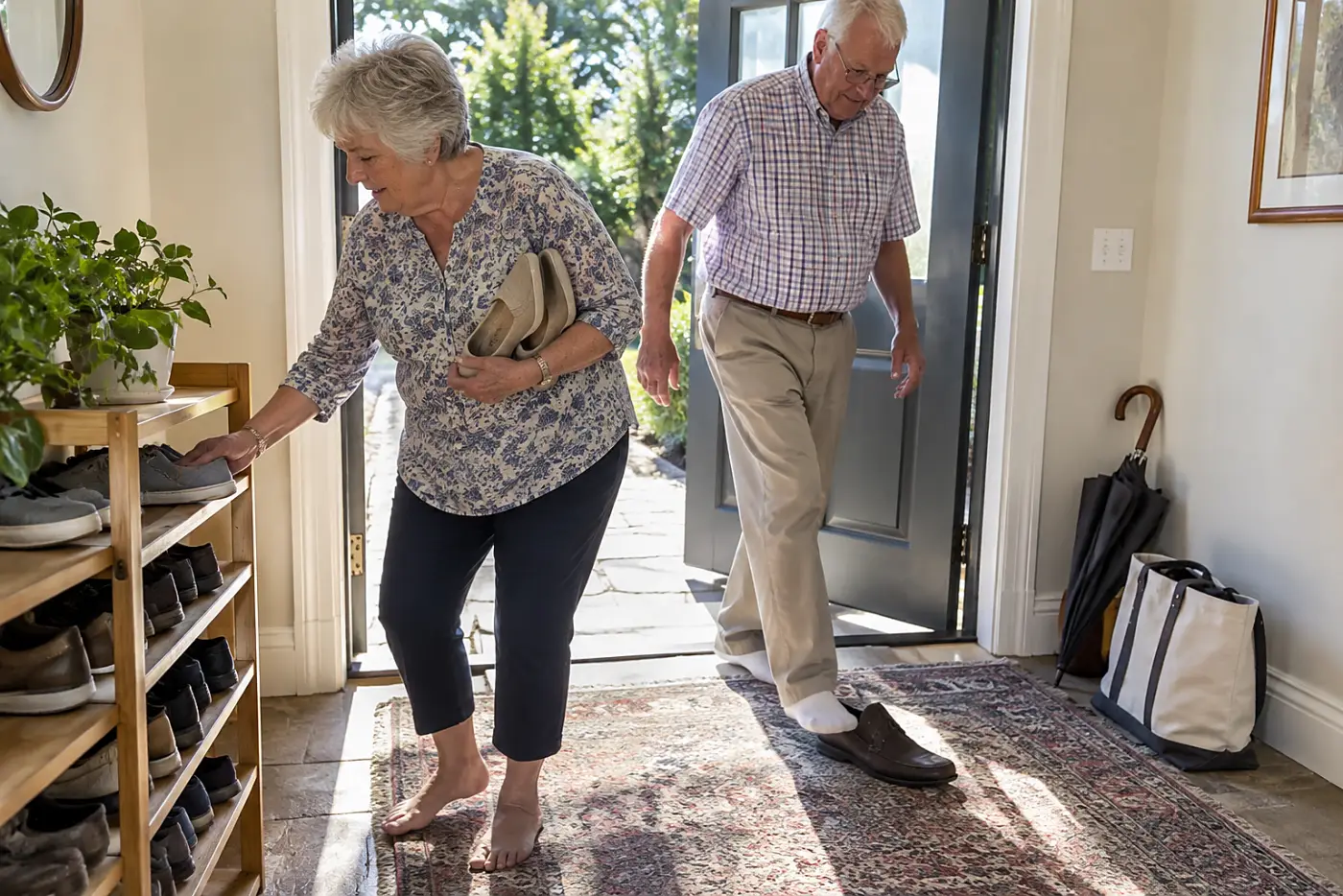 Older woman moving shoes from the entryway floor onto a rack.