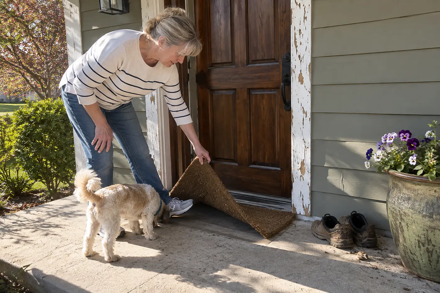 Older woman lifting a curled welcome mat beside her front door.