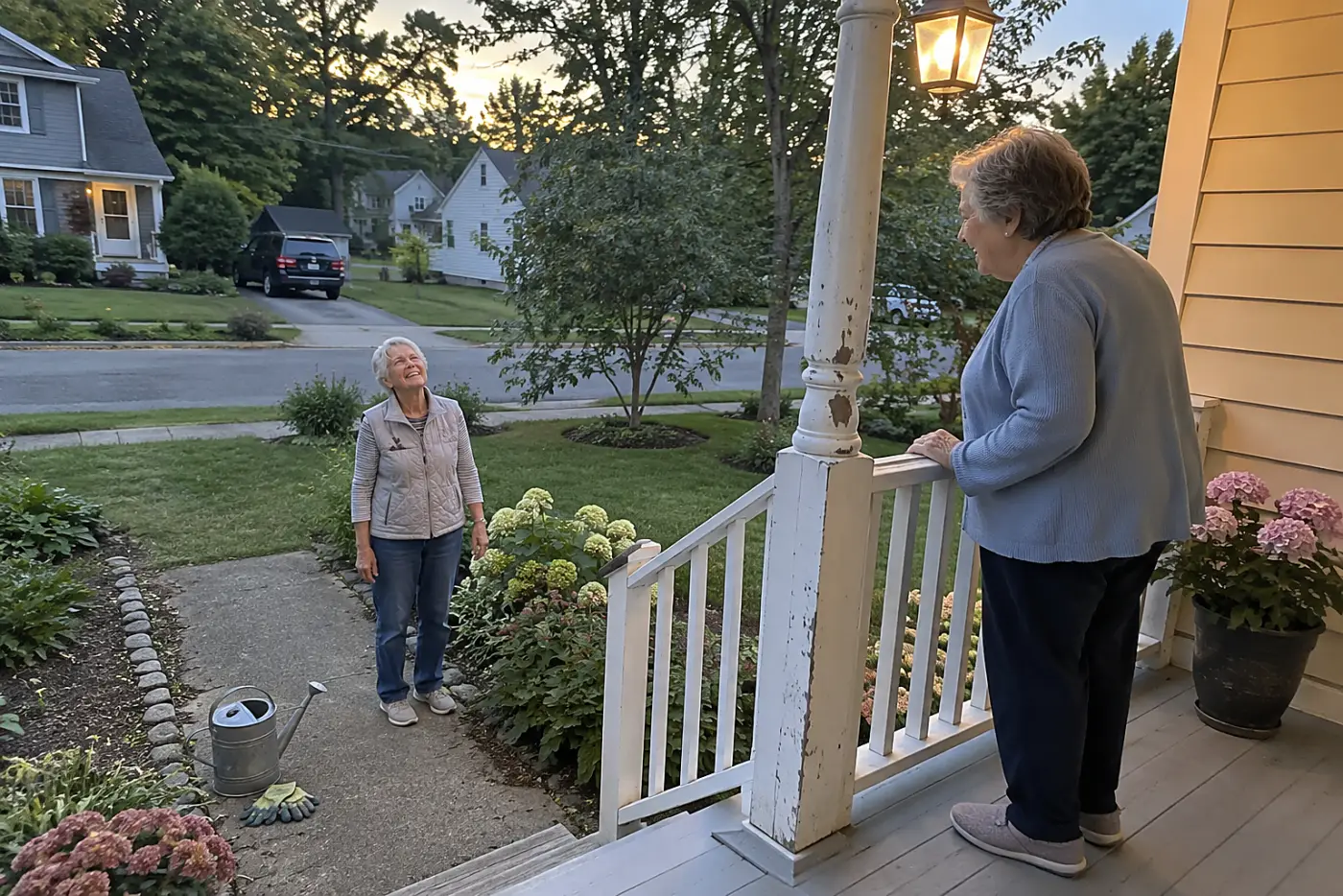 Older woman checking the porch light from her front walkway at dusk.