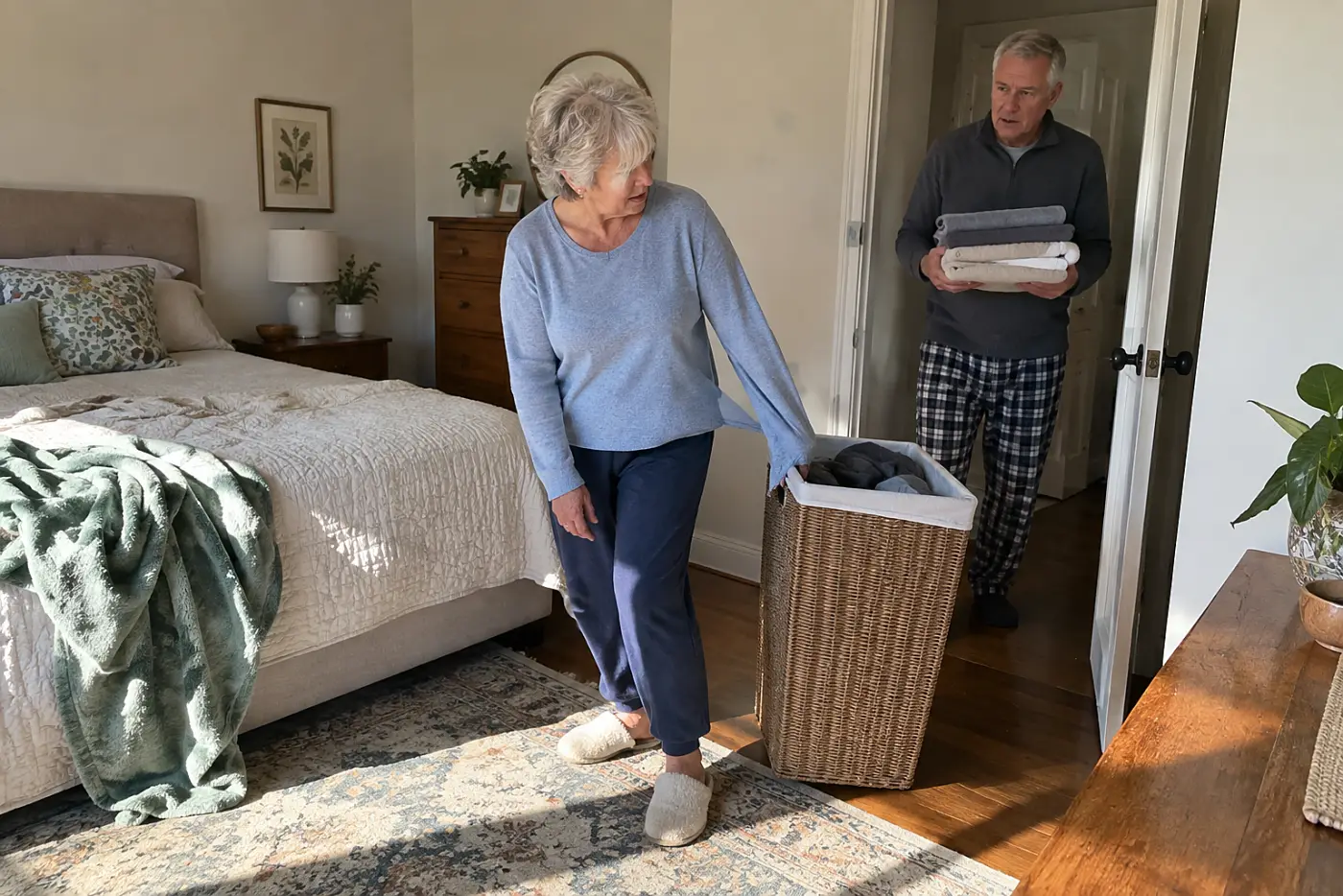 Older woman moving a hamper out of her bedroom walkway.