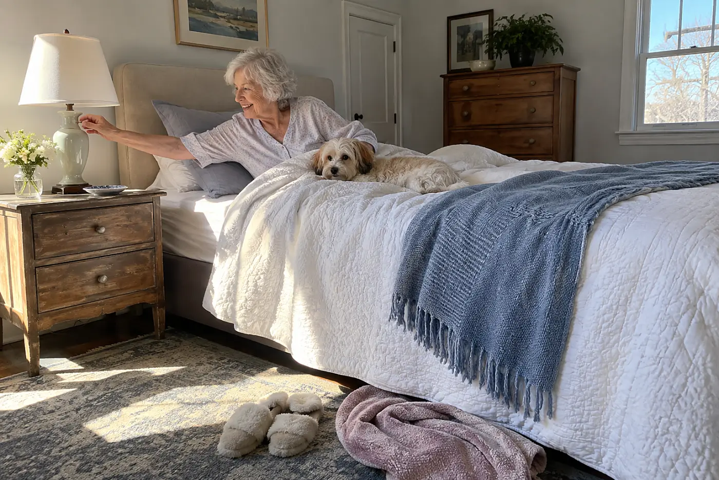 Older woman reaching toward a bedside lamp from her bed.