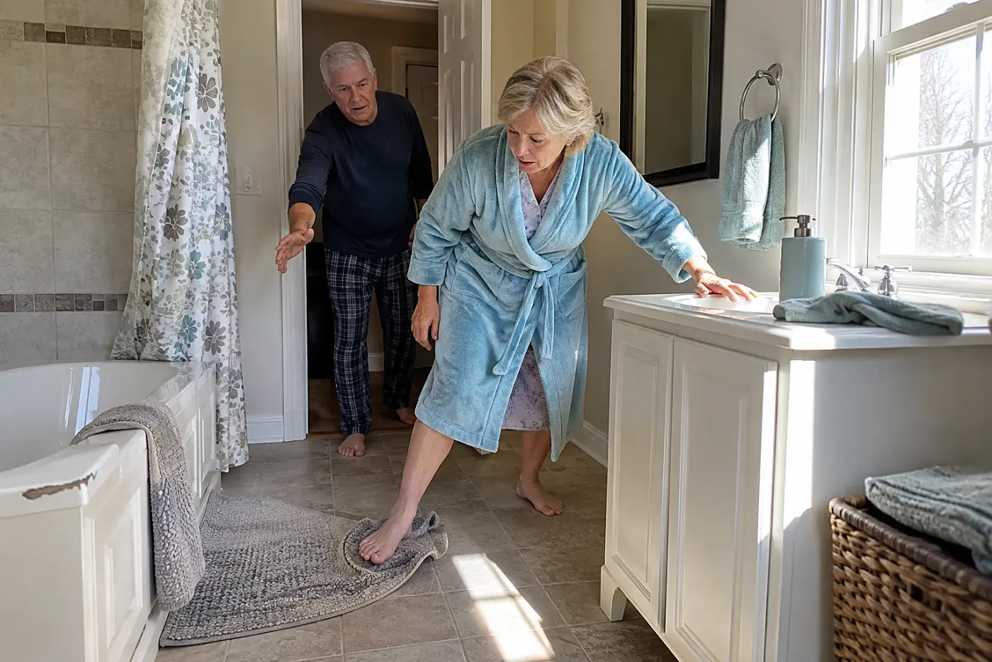 Older woman testing a bathroom rug with her foot beside the tub.