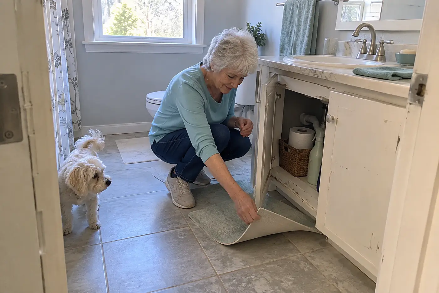 Older woman checking a dry sheet of paper beneath her bathroom sink.