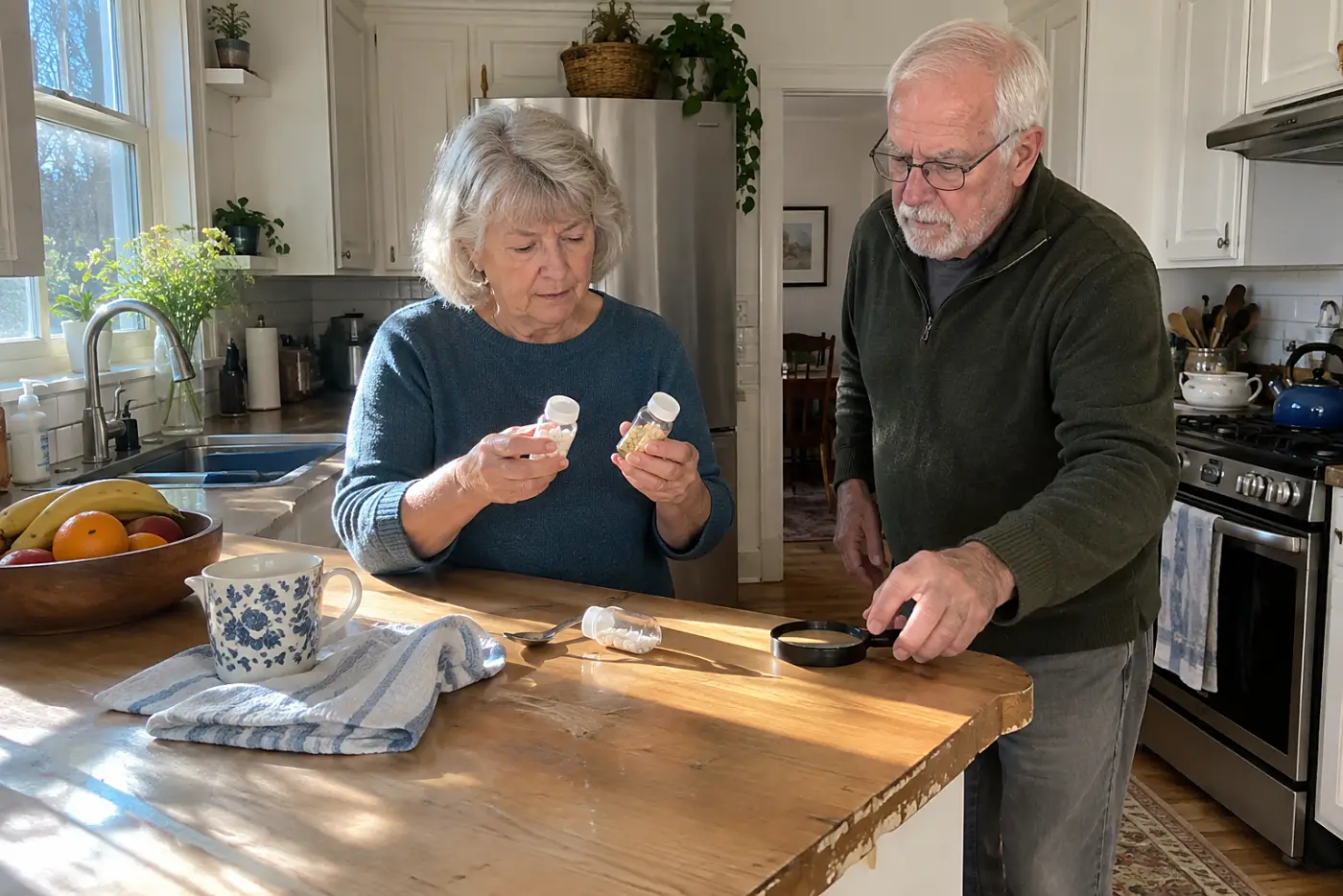Older woman comparing medicine bottle labels at her kitchen counter.
