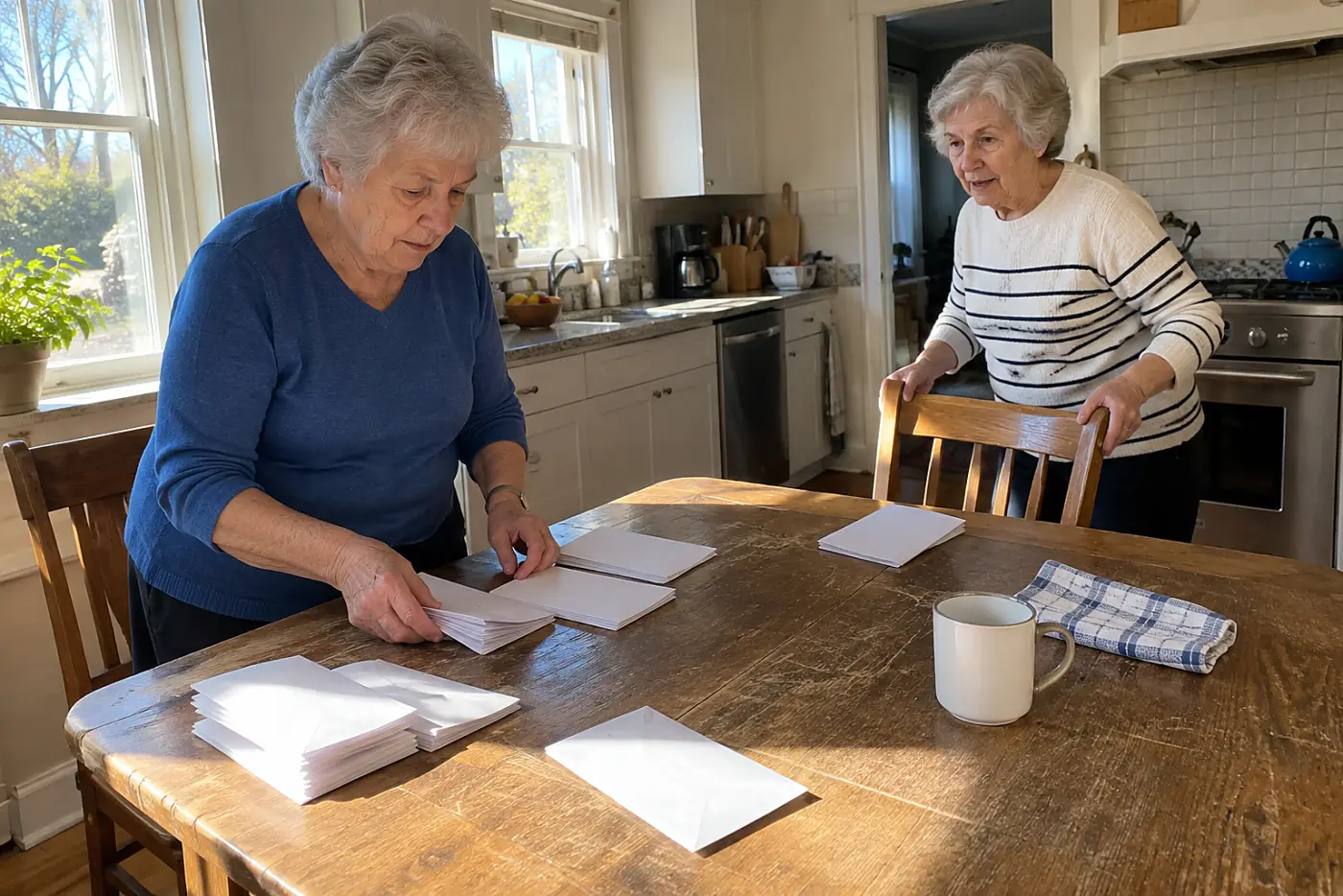 Older woman sorting unopened envelopes at her kitchen table.
