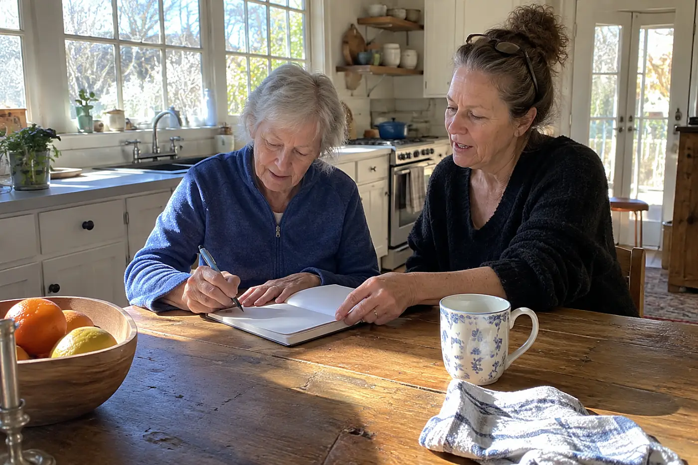 Older woman writing a phone number beside her daughter at the kitchen table.