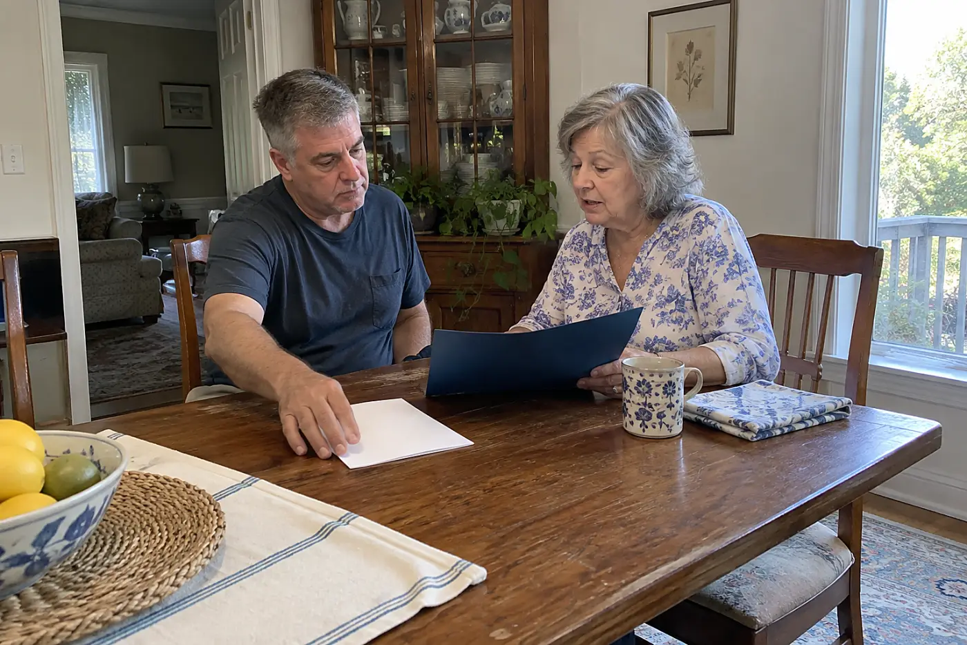 Older woman reading a signed document with her son at a dining table.