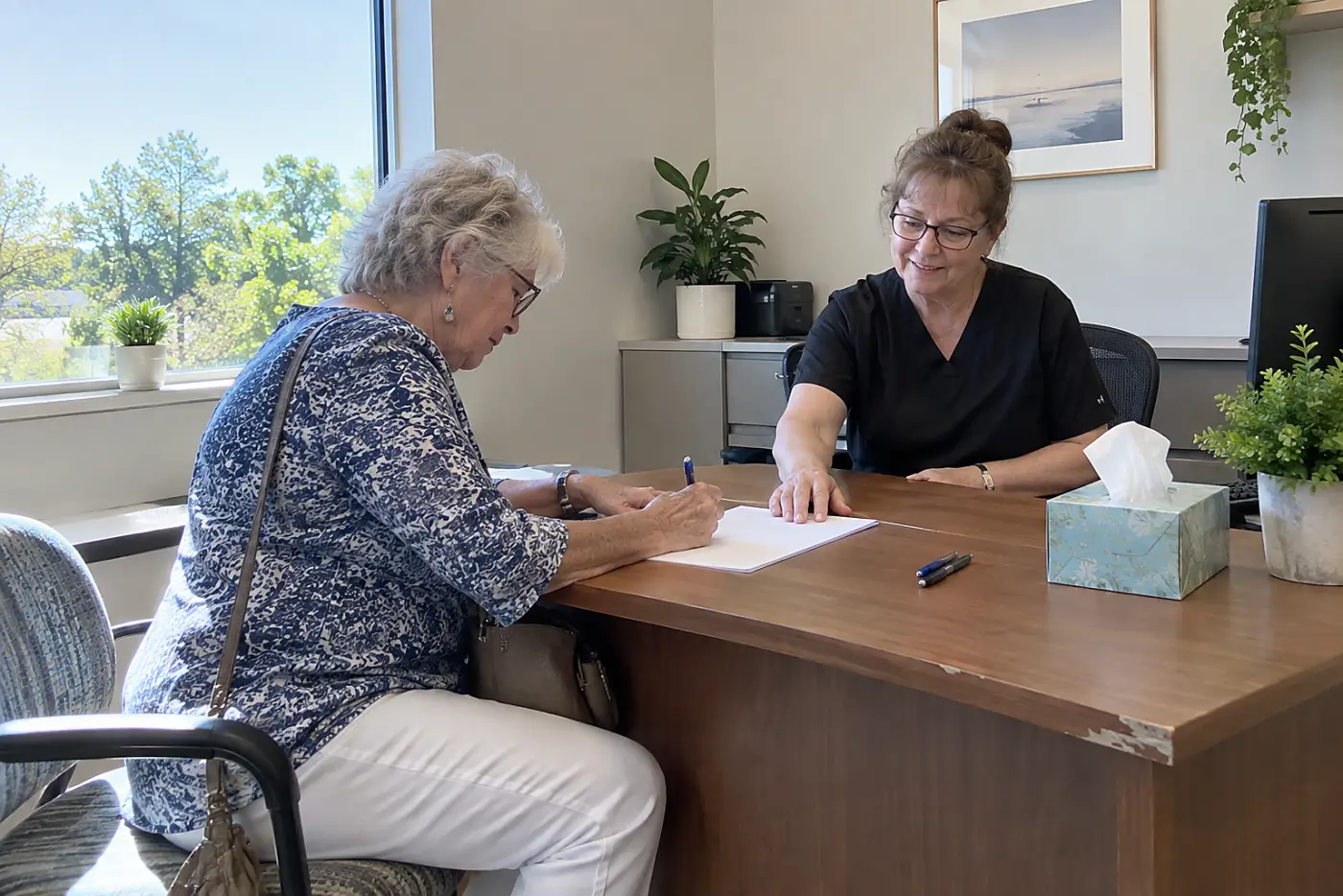 Older woman filling out a form at a medical office desk.