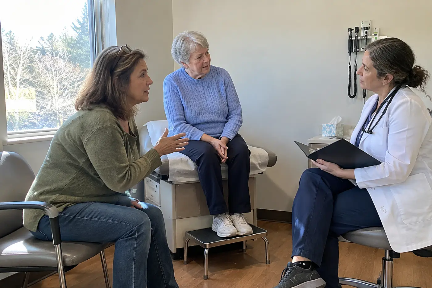 Older woman speaking with a doctor while her daughter sits beside her.