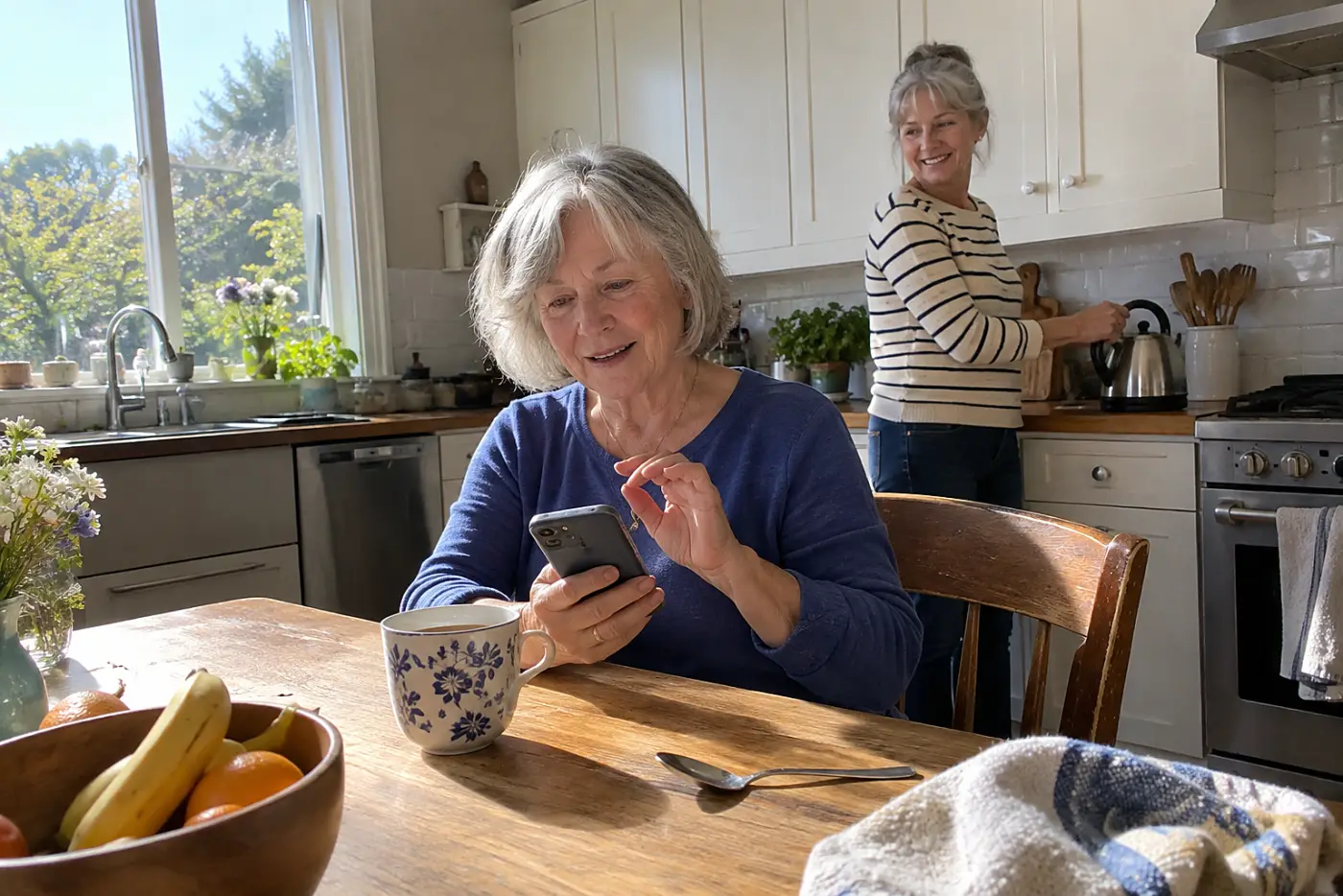 Older woman reading a family group chat at her kitchen table.