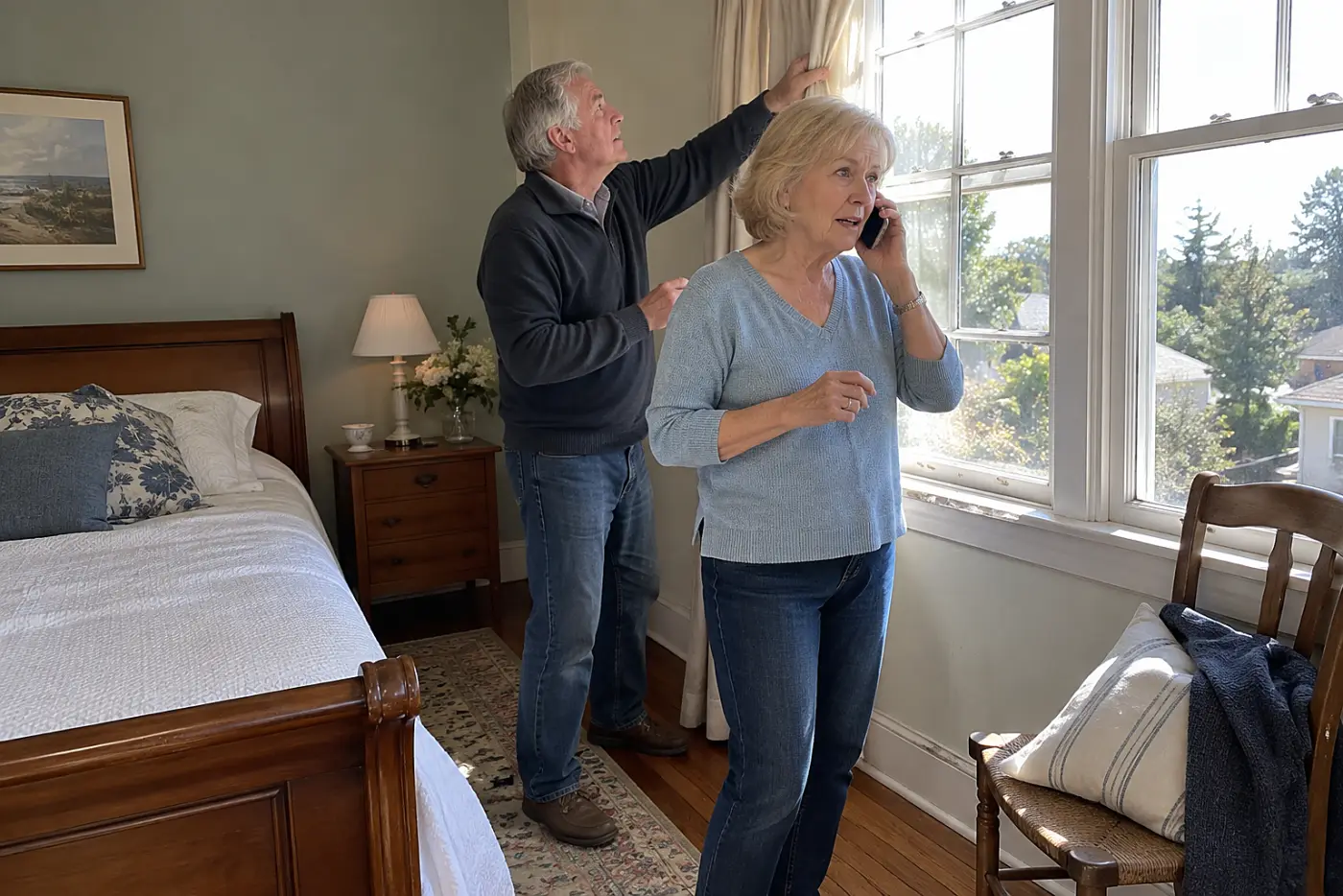 Older woman speaking on the phone beside a bedroom window.