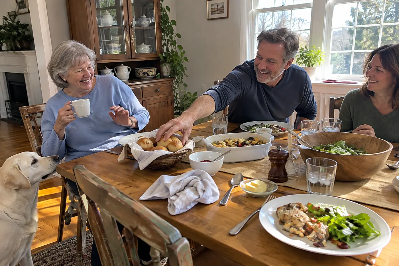 Older woman setting down her coffee during a family lunch.