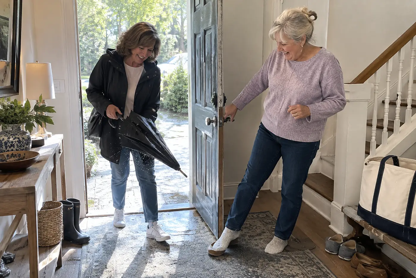 Older woman greeting a friend at her front door.