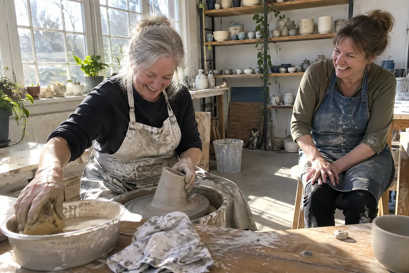 Older woman shaping clay at a pottery studio table.