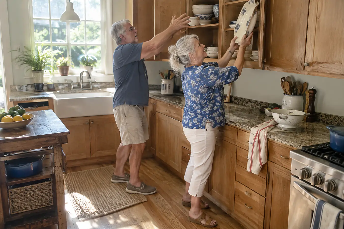 Older woman lifting a chipped serving platter from a kitchen cupboard.