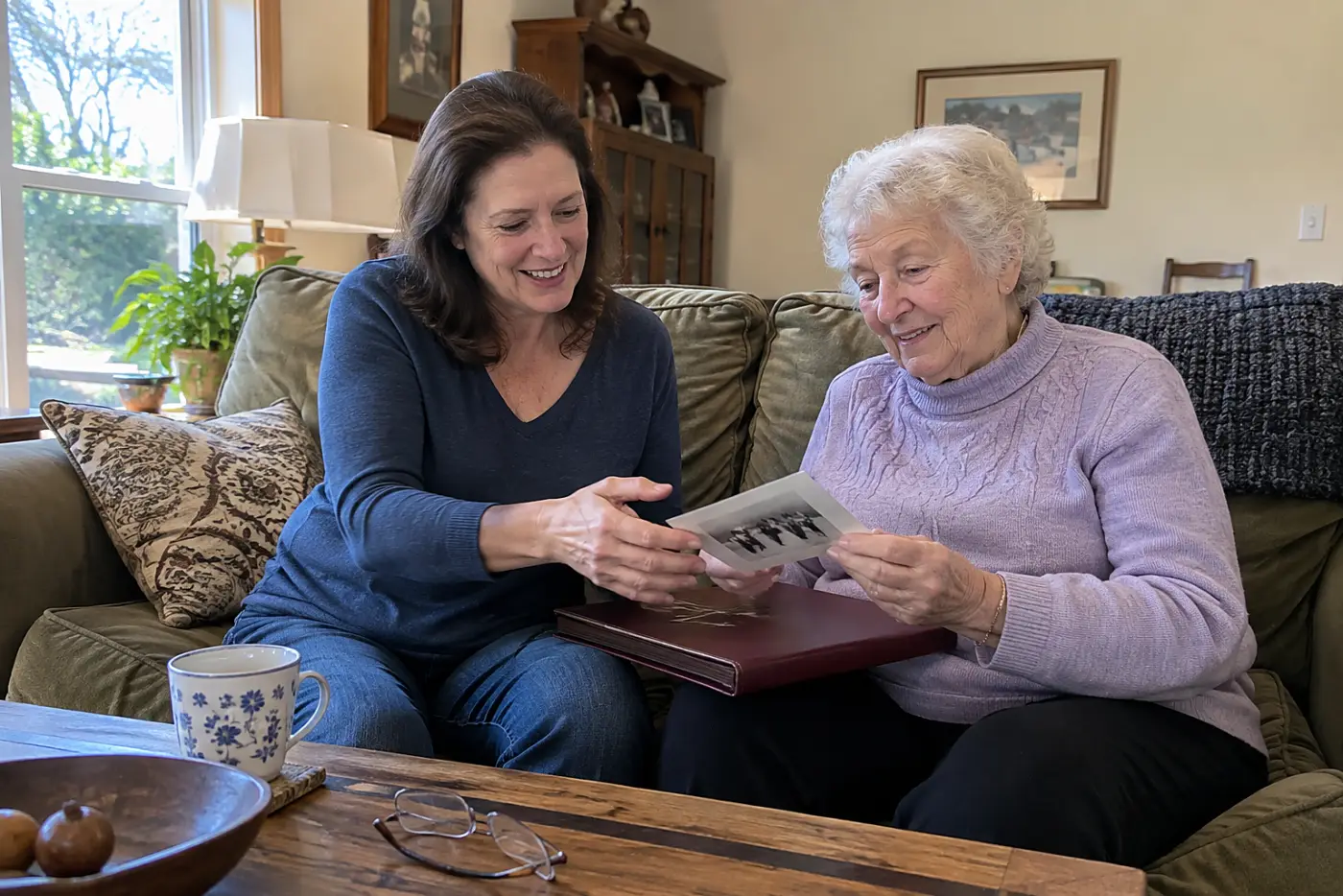 Older woman showing her grandchild a family photograph on a living room sofa.