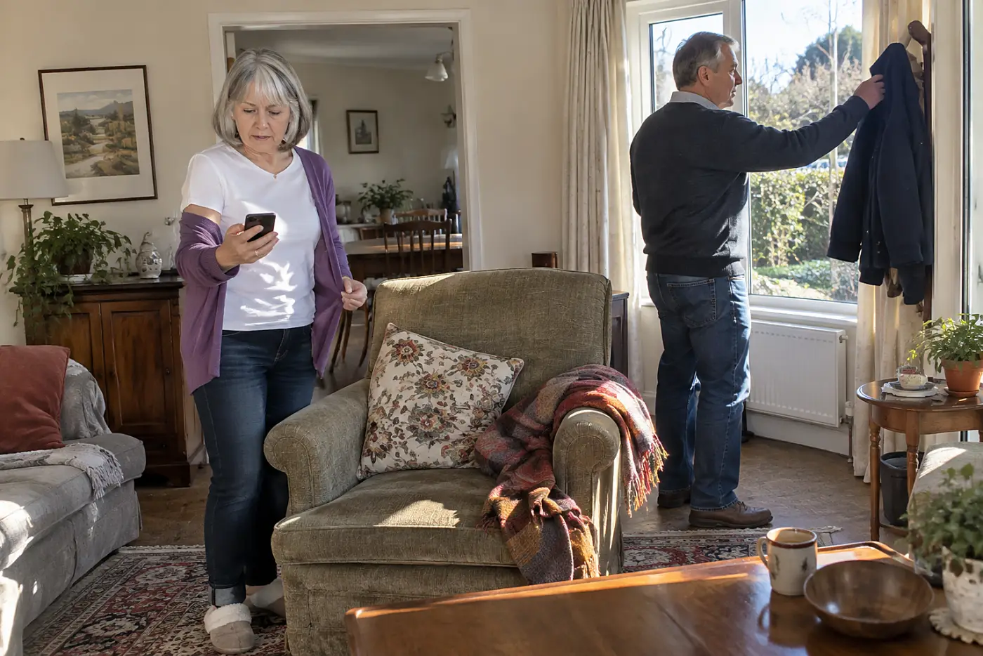Older woman checking a calendar on her phone in her living room.
