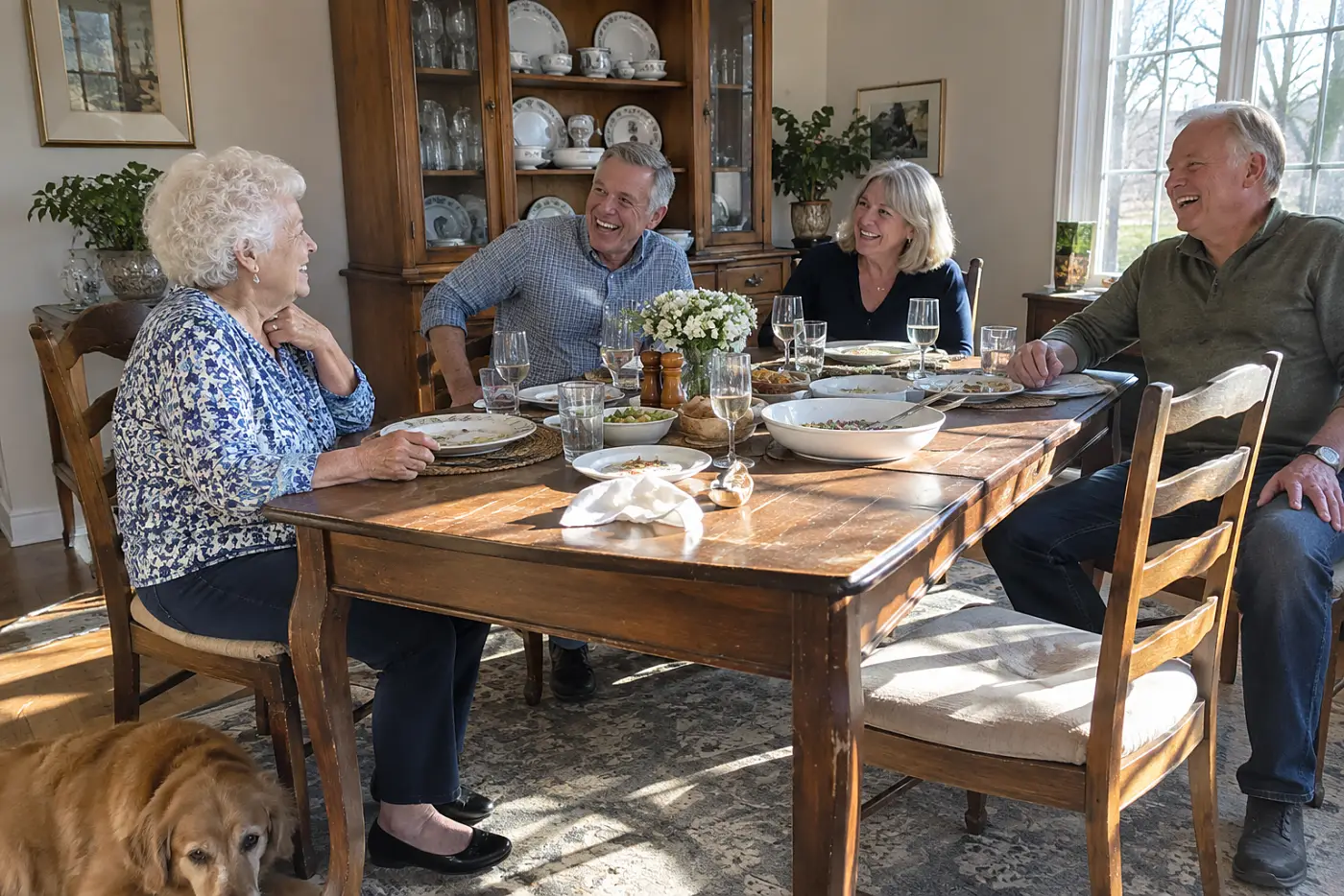 Older woman looking across a dinner table while her family laughs.