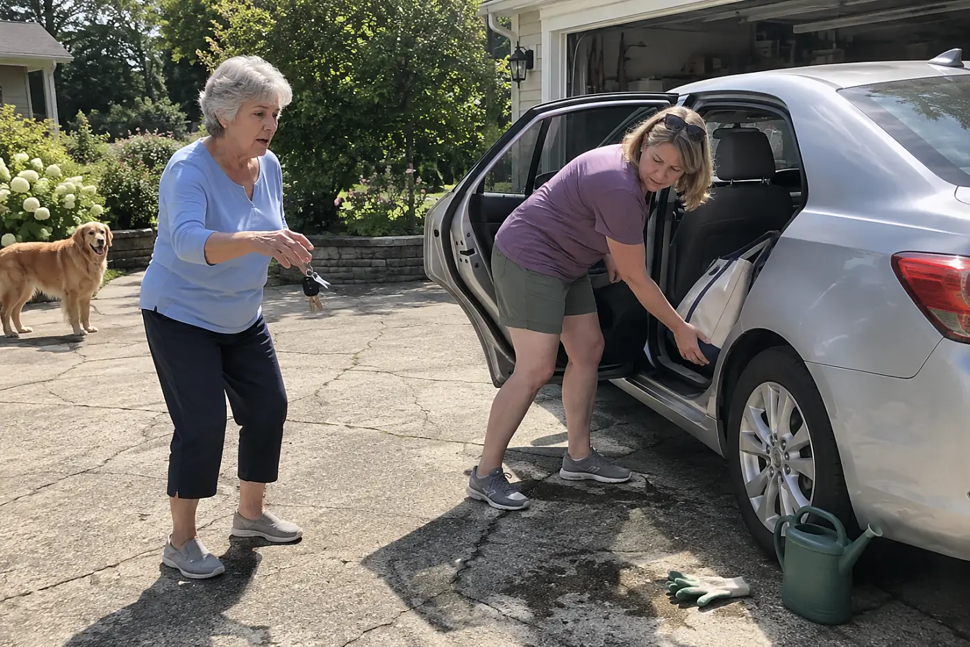 Older woman holding car keys beside her daughter in a driveway.