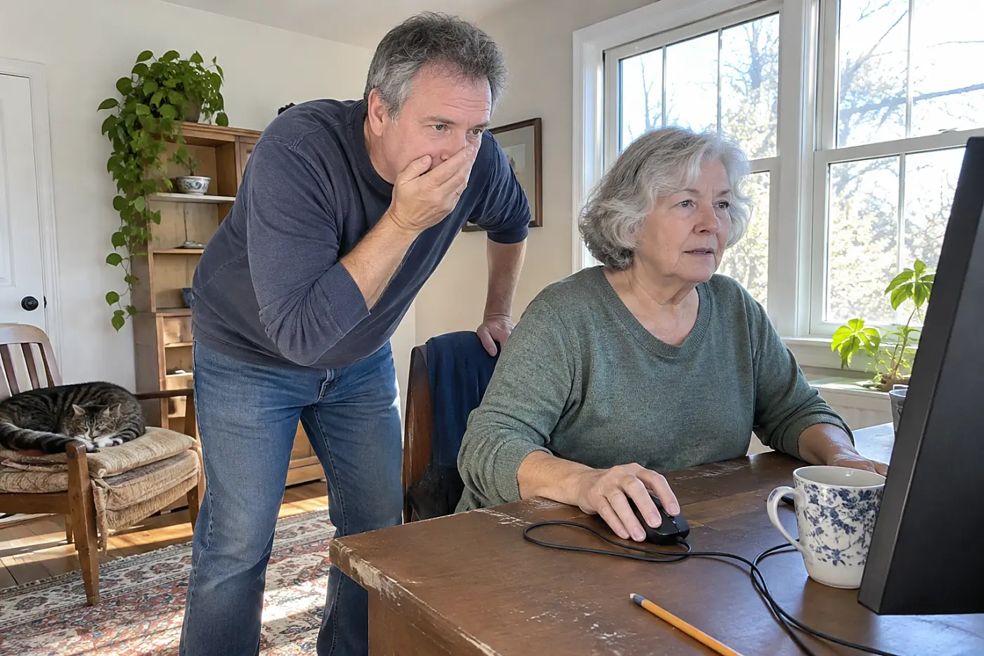 Older woman using a computer mouse while her son sits beside her at a desk.