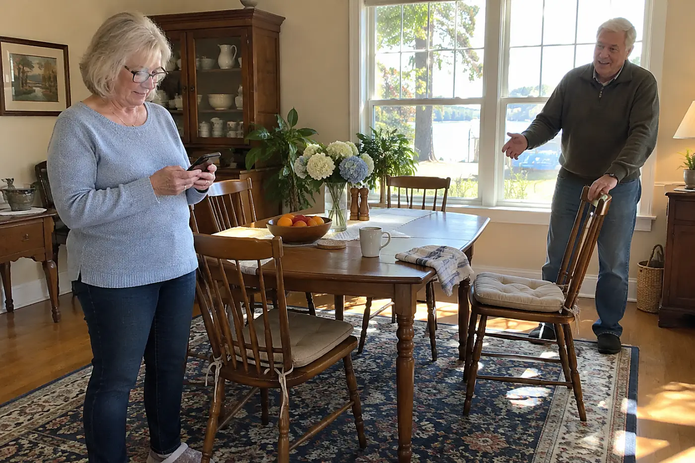 Older woman checking account settings on her phone at a dining table.