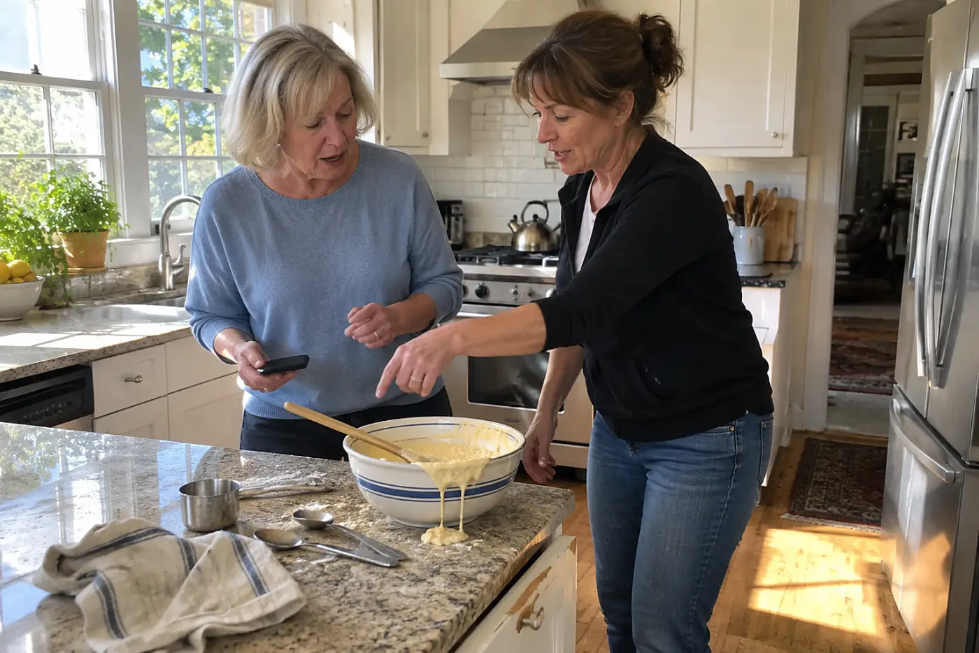 Older woman holding her phone while her daughter stands beside her at a kitchen counter.