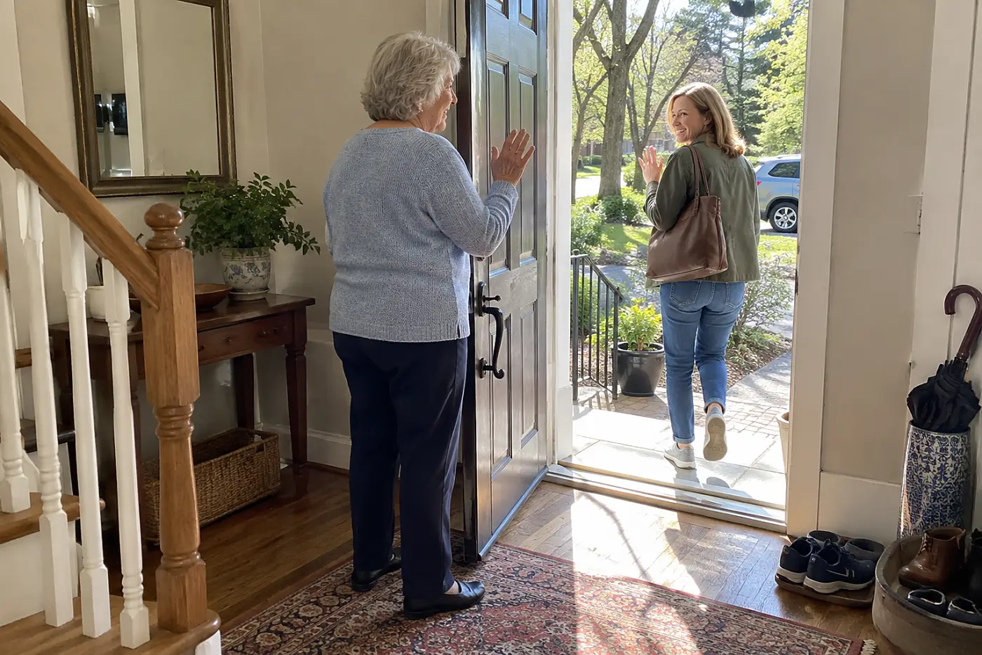 Older woman standing by her front door after her daughter leaves.