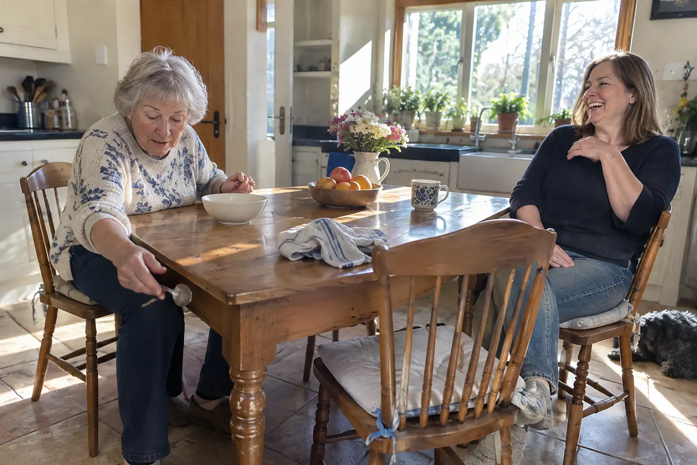 Older woman talking with her child at the kitchen table.