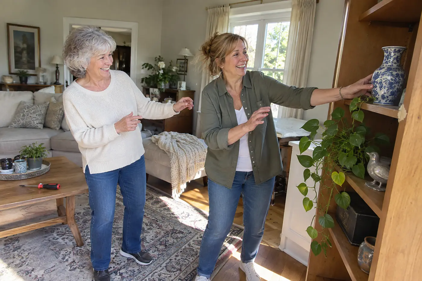 Older woman showing her daughter a repaired shelf in the living room.