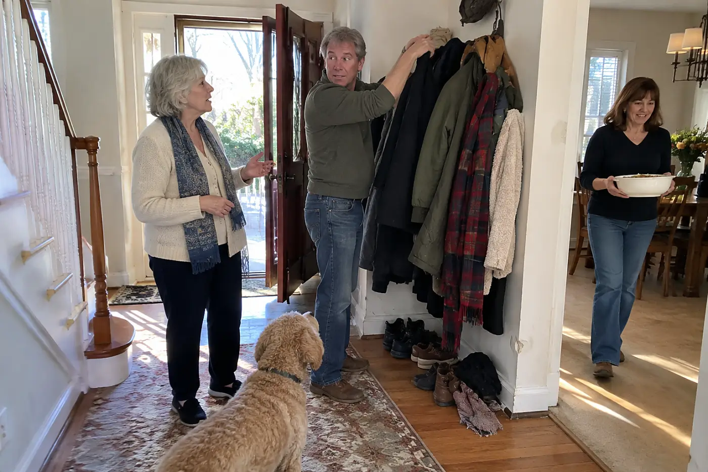 Older woman speaking to her son beside a coat rack at a family gathering.