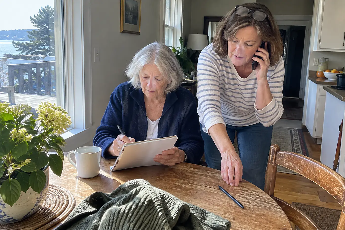 Older woman writing questions in a notebook before a medical appointment.