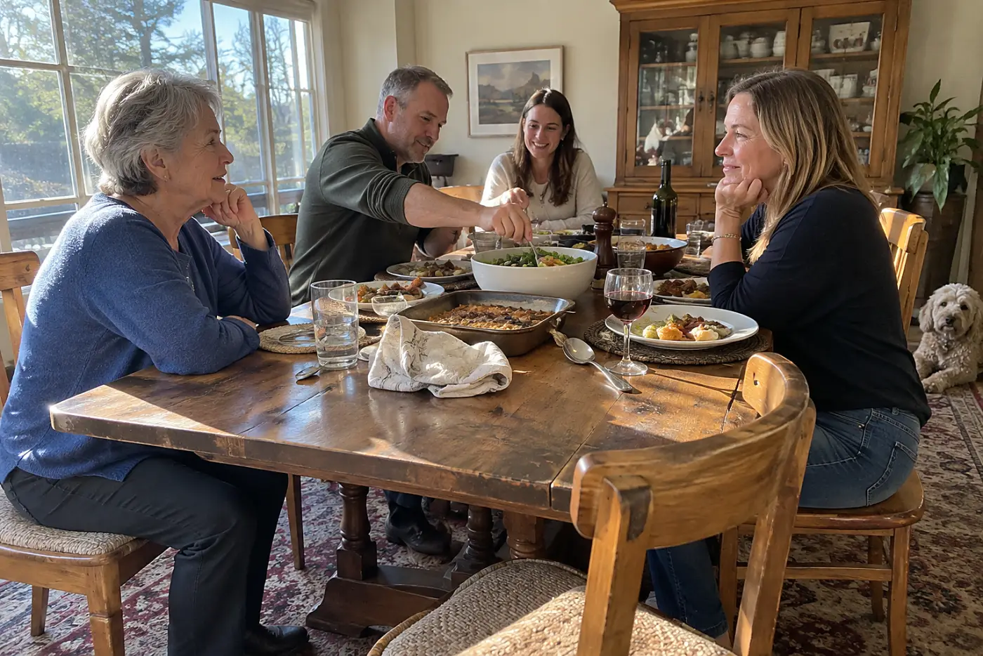 Older woman facing her daughter across a crowded dinner table.