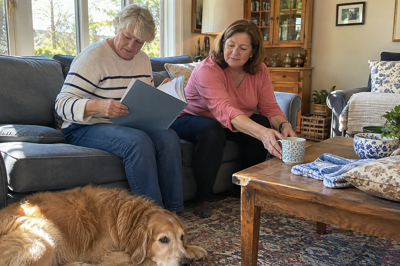 Older woman opening a folder of health care documents at home.