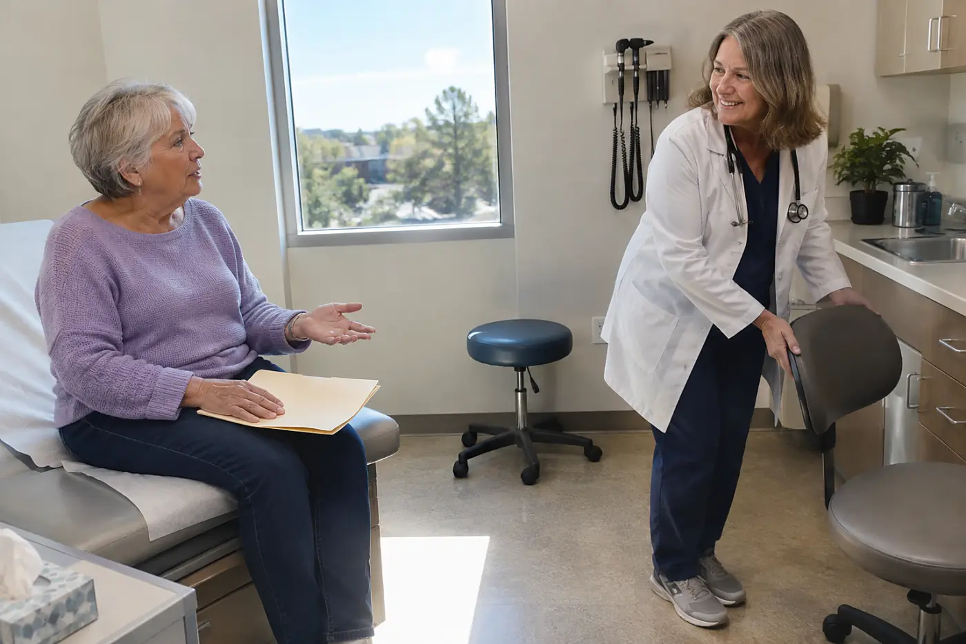 Older woman asking a clinician a question in an exam room.