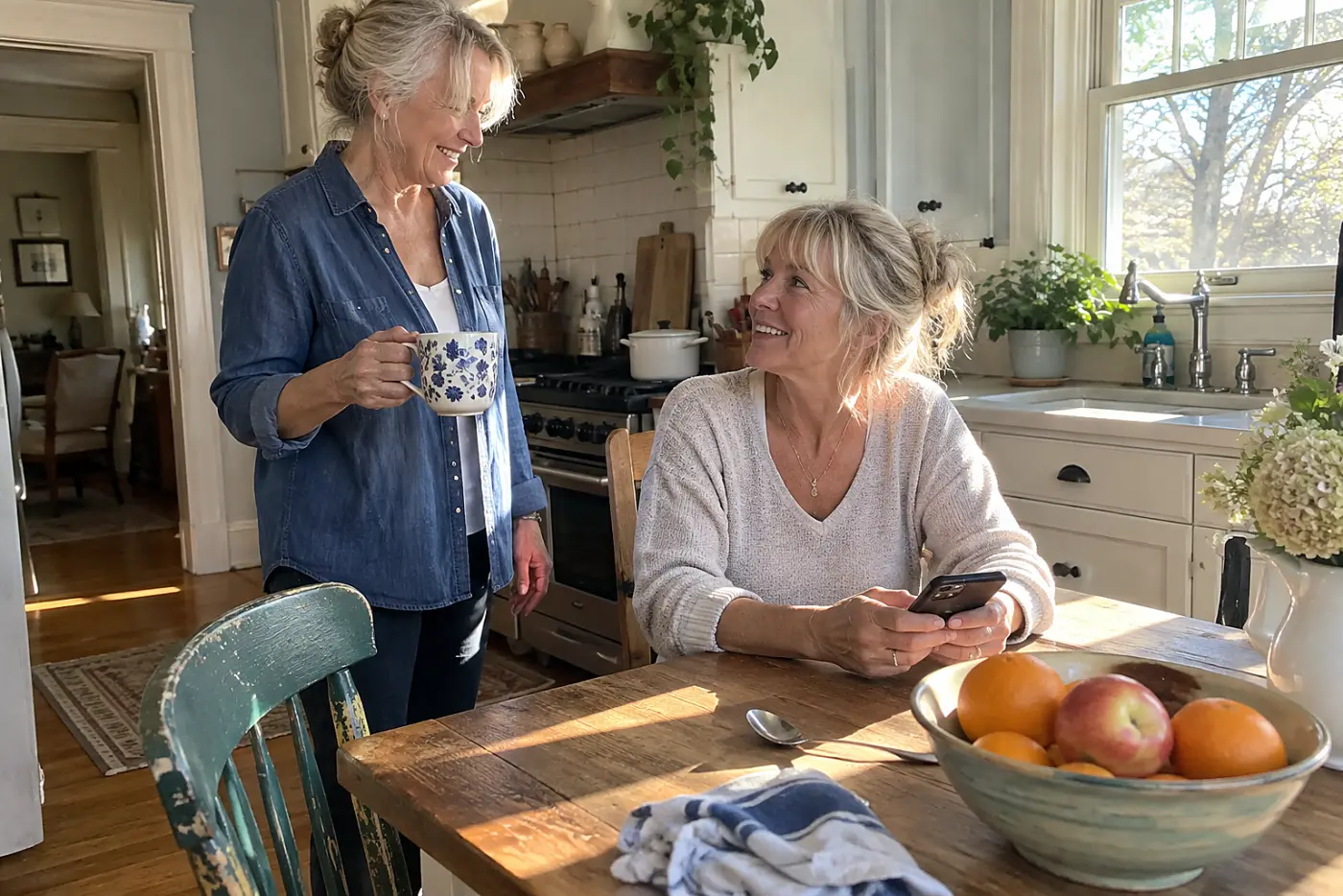 Older woman drafting a message on her phone at a kitchen table.