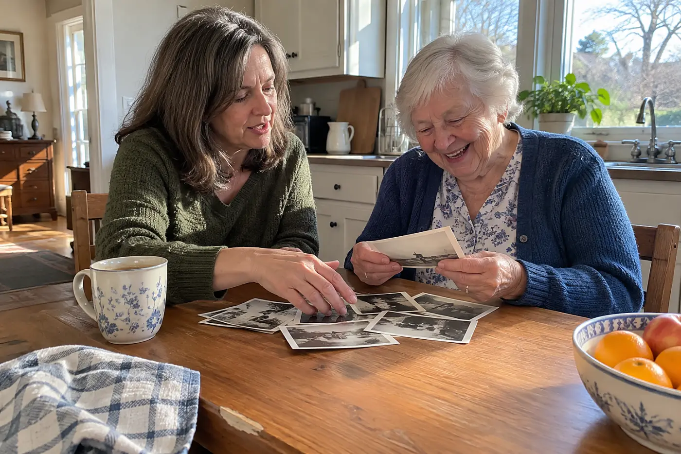 Adult daughter talking with her mother over childhood photographs at a kitchen table.
