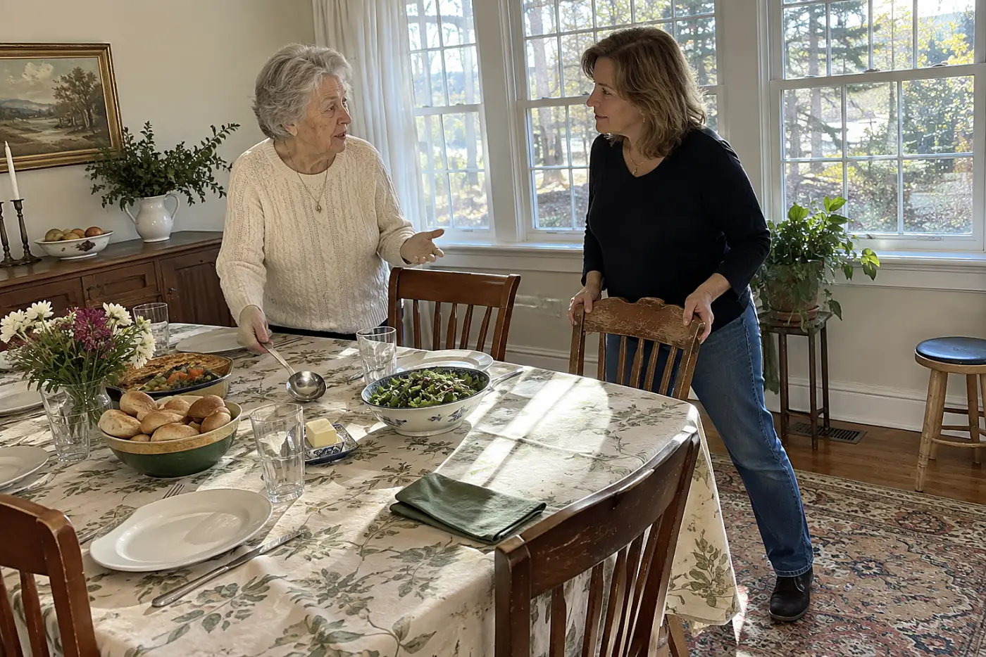 Older woman speaking to her daughter beside a dining room table.