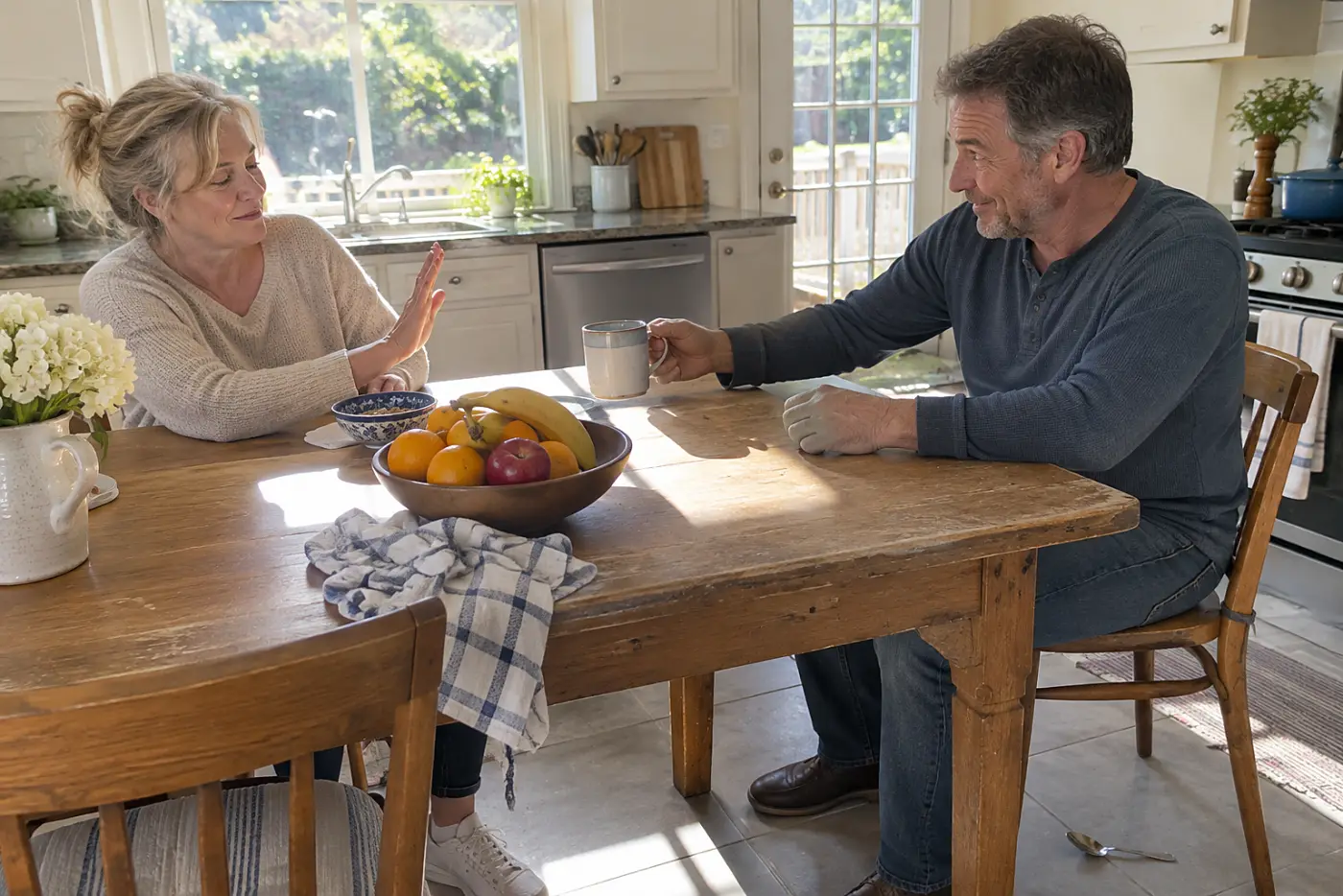 Mother and adult son sitting across from each other at a kitchen table.