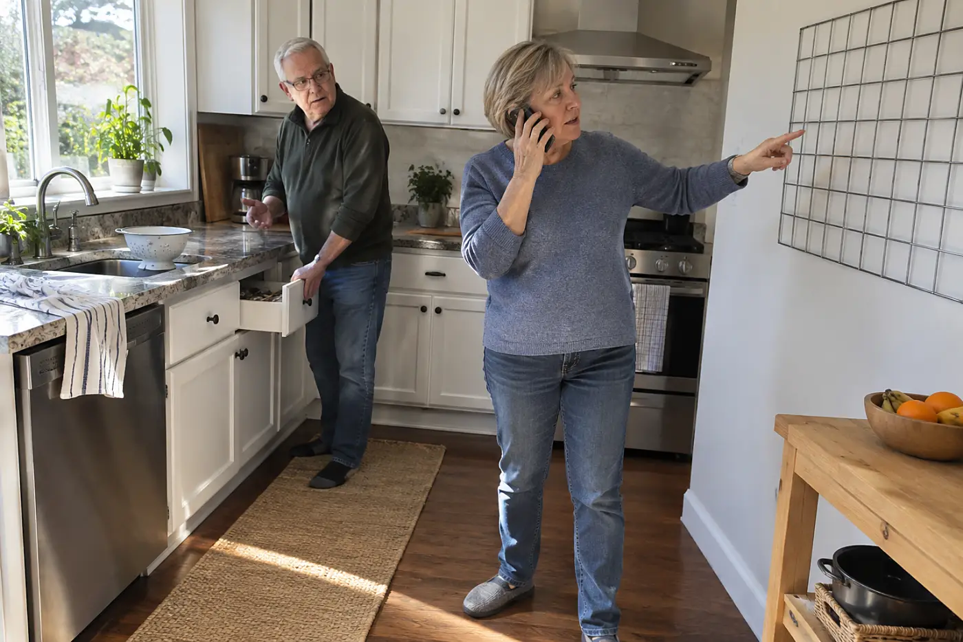 Older woman speaking on the phone beside a wall calendar in her kitchen.