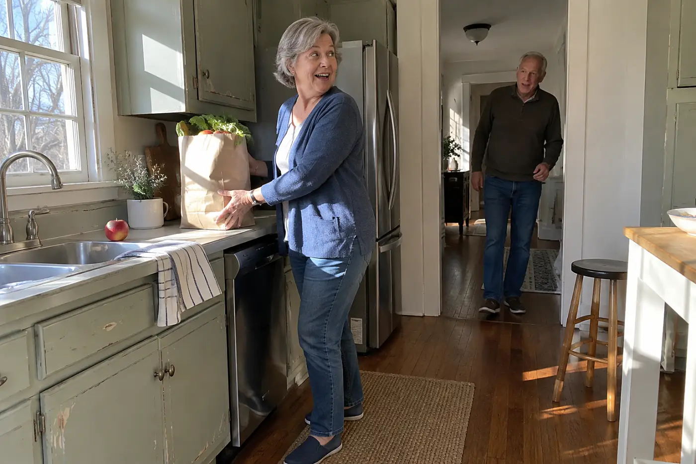 Older woman holding a grocery bag inside her daughter's empty kitchen.