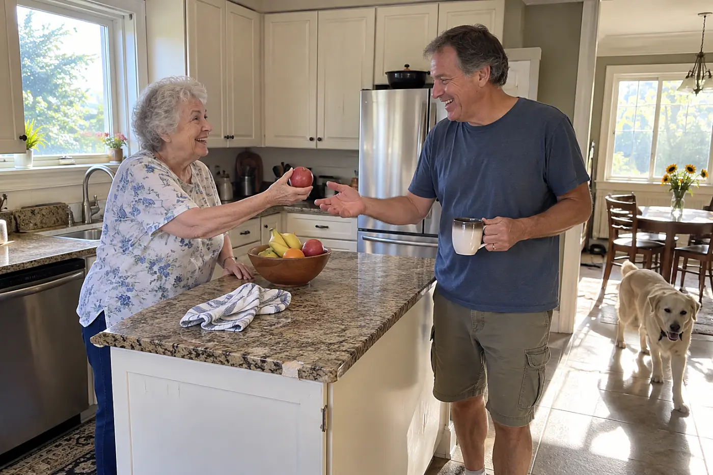 Grandmother handing her grandson a snack at the kitchen counter.