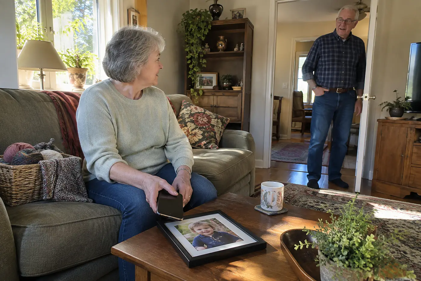 Older woman holding her phone over a framed grandchild photo in her living room.