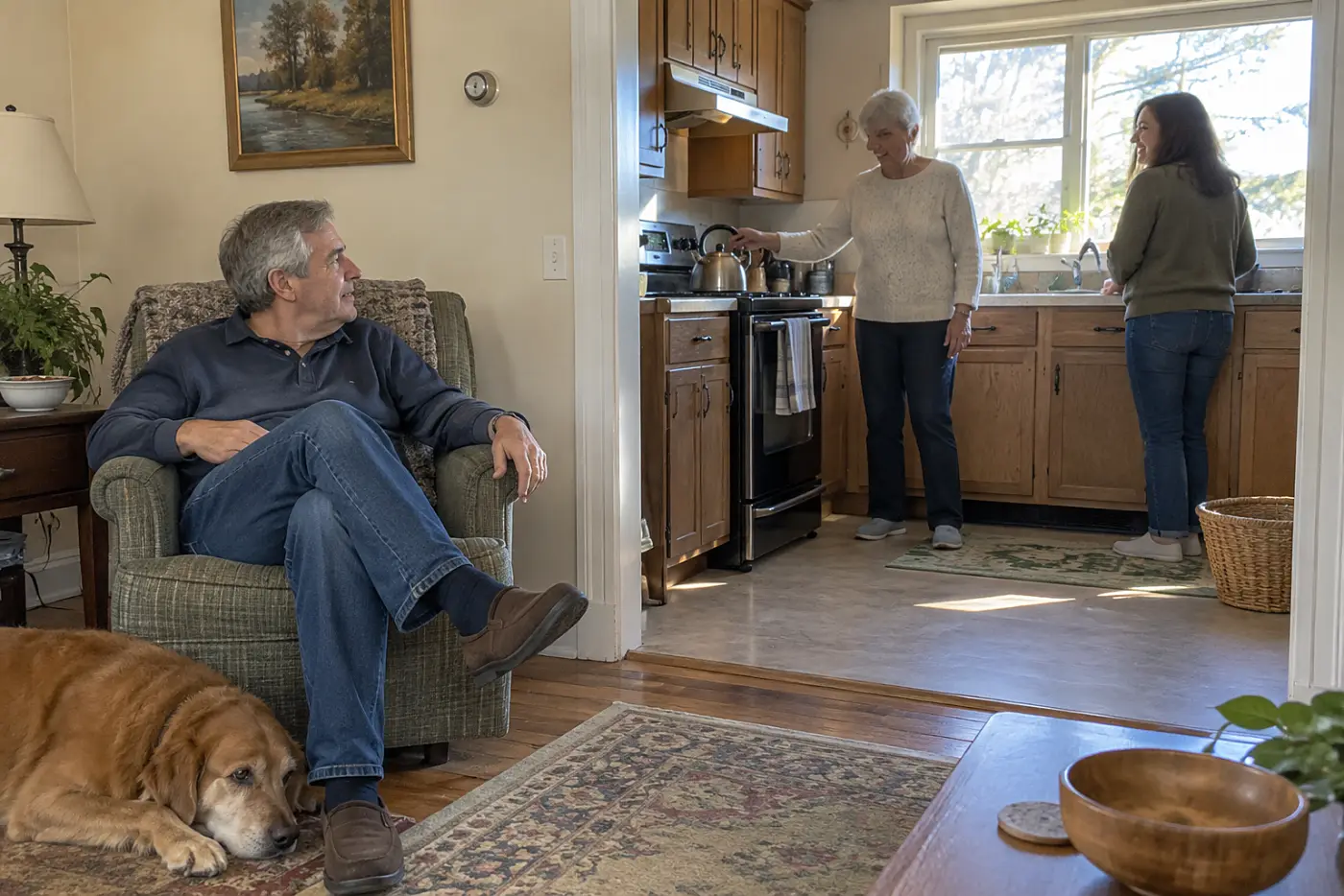 Older woman talking with her daughter in a kitchen while her son sits in another room.