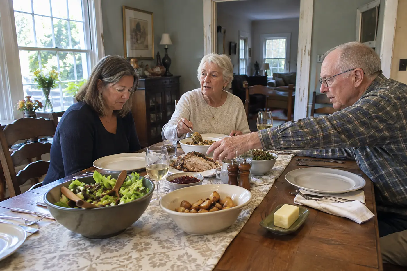 Adult daughter looking down while her mother speaks at a family dinner table.