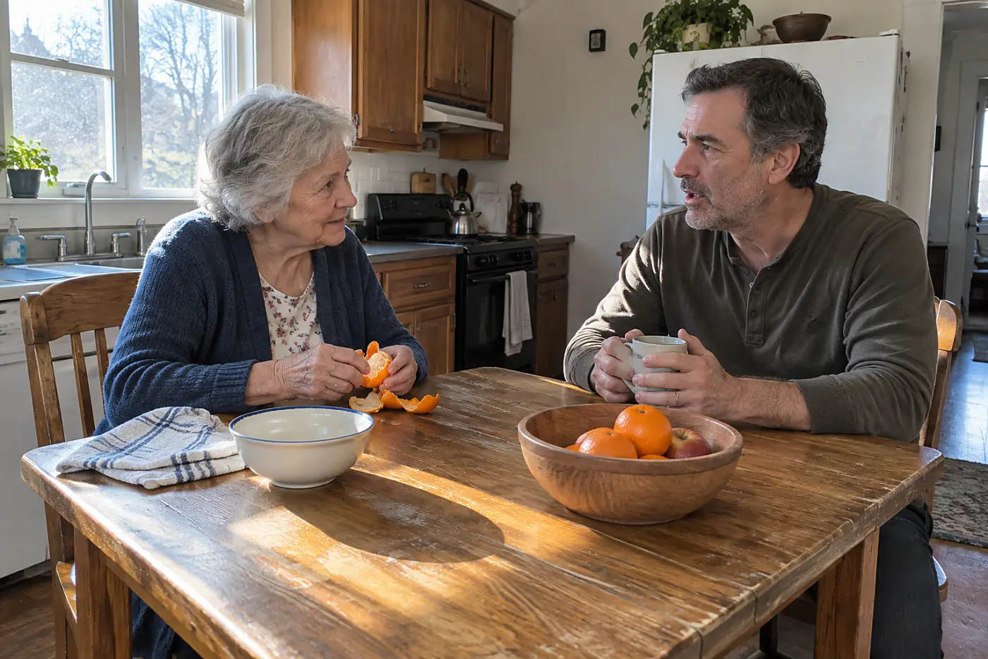 Older woman listening to her son across a kitchen table.